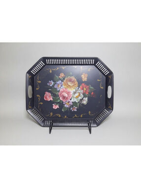Vintage Mid-Century Toleware Floral Serving Tray Black Reticulated Metal